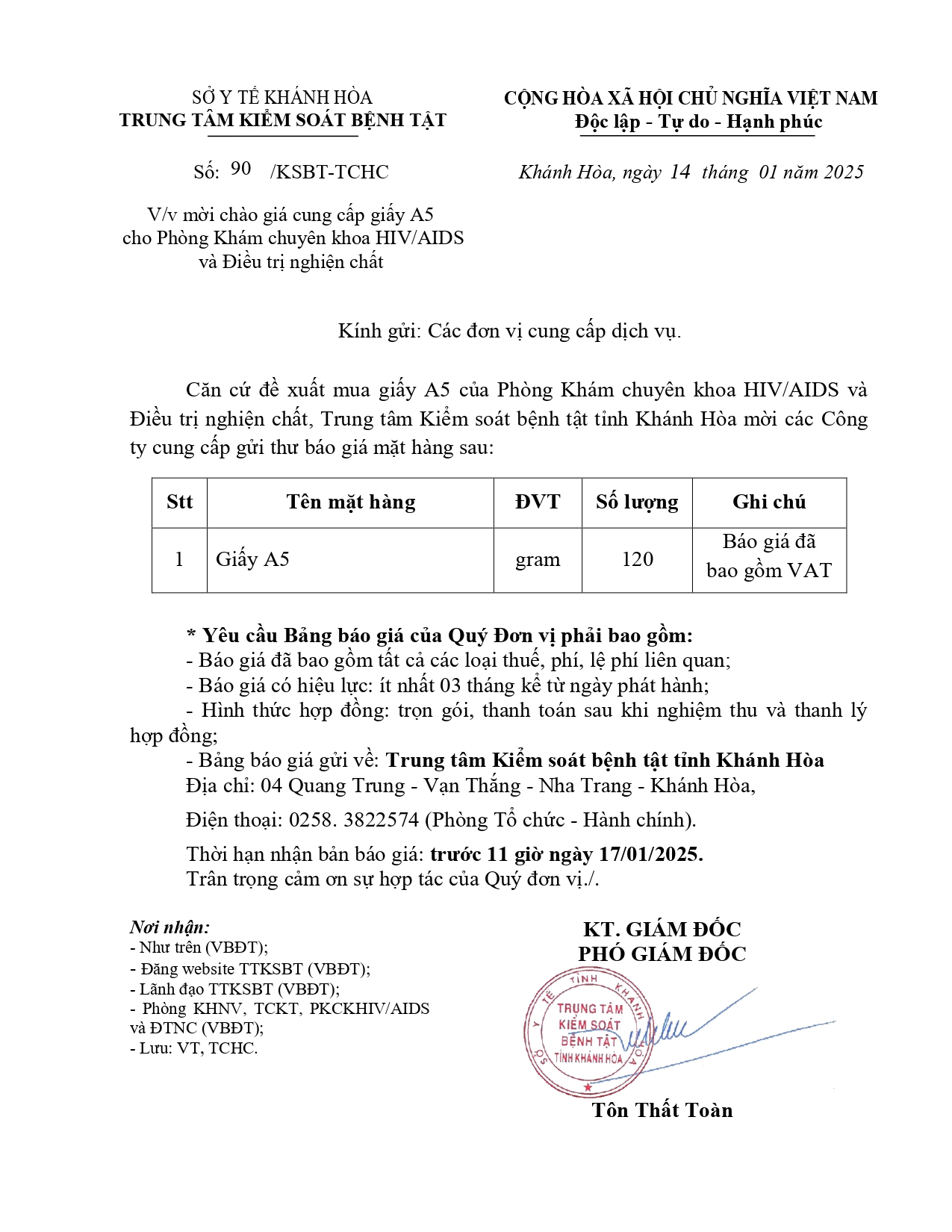 V/v mời chào giá cung cấp giấy A5 cho Phòng Khám chuyên khoa HIV/AIDS và Điều trị nghiện chất